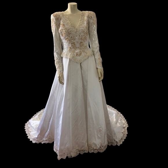 Vintage wedding sequenced dress with detachable skirt & train Ivory gold medium - Picture 14 of 17